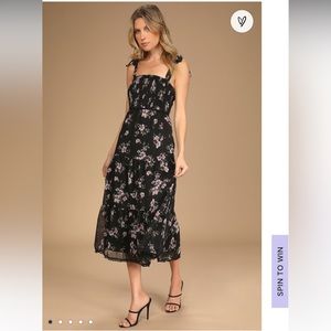 Lulu’s Sweet Situation Black Floral Print Tie-Strap Tiered Midi Dress